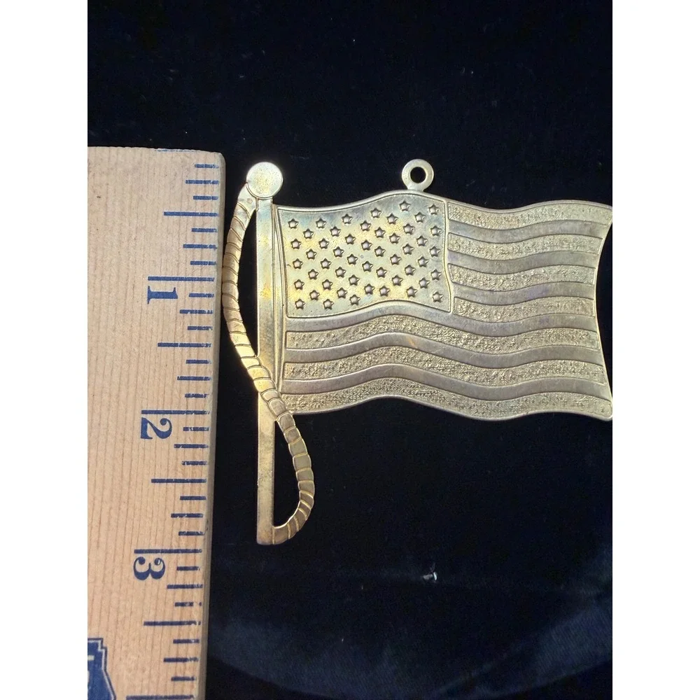 Vintage Brass Tone American Flag Ornament Waving US Flag Patriotic Holiday Decor